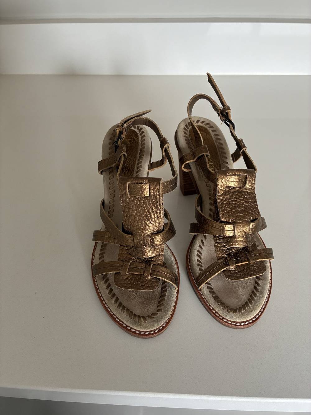 Metallic Bronze Strappy Block Heel Sandals - Women